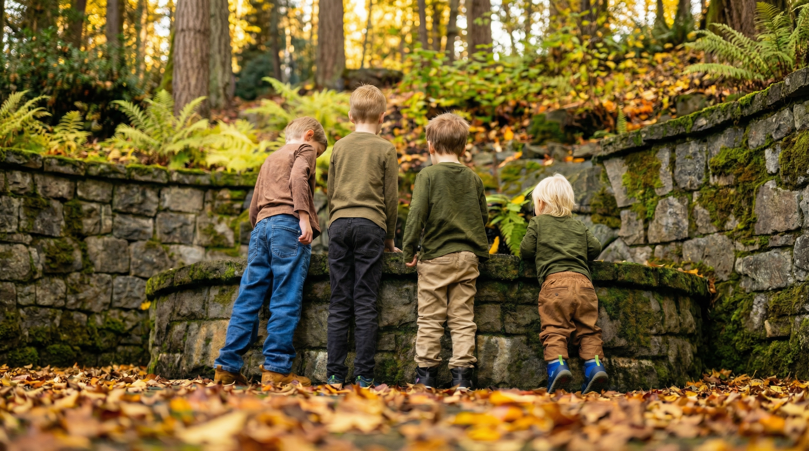 Four boys at a stone wall in autumn